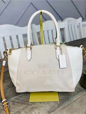 COACH Elise Satchel Horse & Carriage Jacquard Canvas White Leather Crossbody Bag